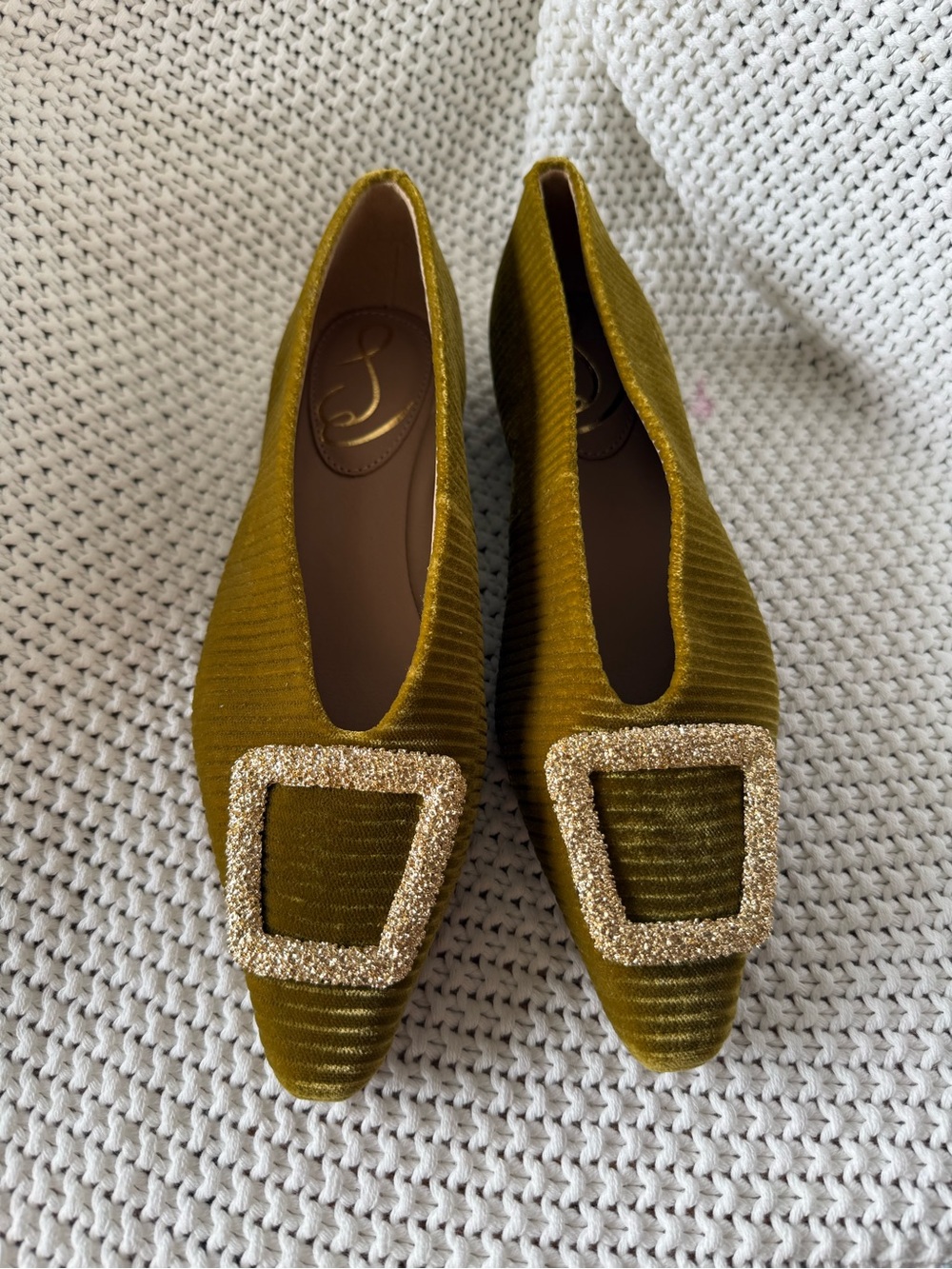 Sam Edelman Olive Velvet Pointed Flats with Gold Glitter Buckle